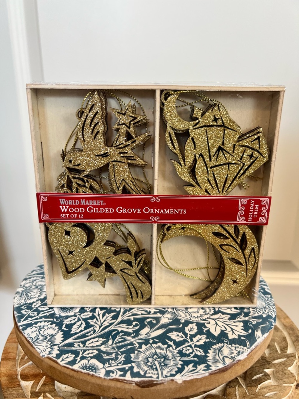 Cost Plus World Market Gold Glitter Wood Ornament Set